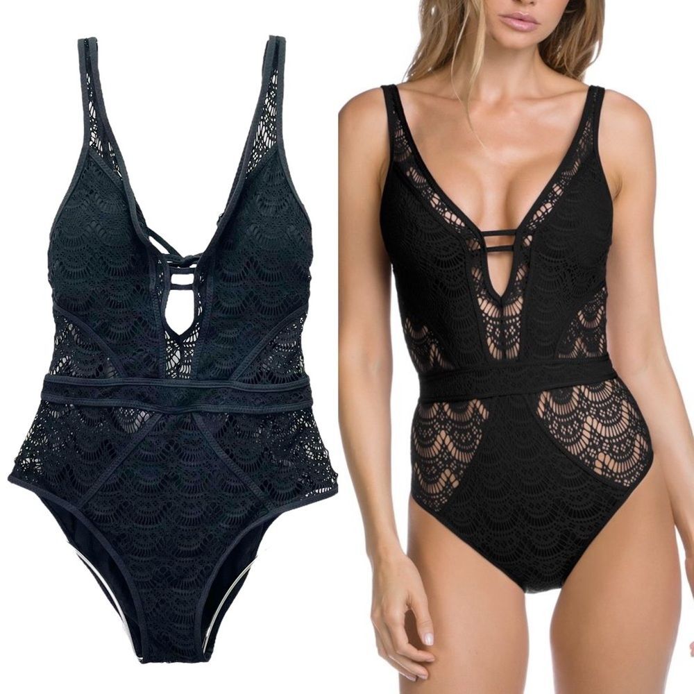 Becca Colorplay Black Crochet One Piece Swimsuit Size Medium Deep V Lace Plunge